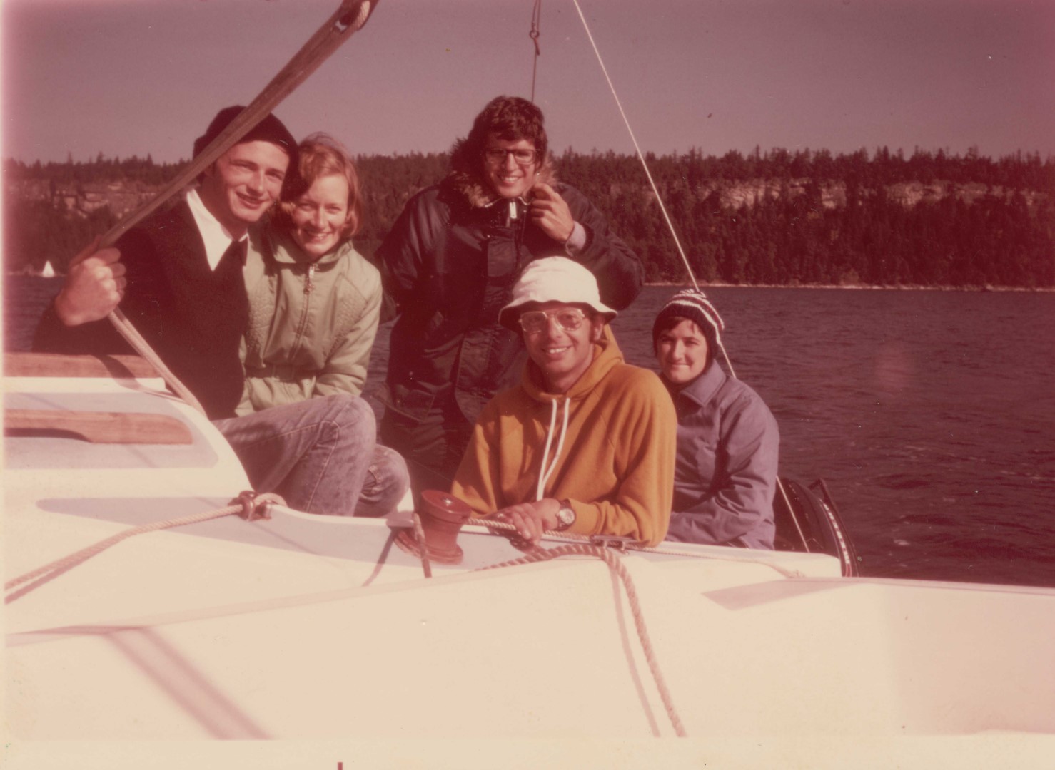 Meeting of two boats off Vancouver Island. The fellow in the crazy white hat is me, the one at the far left is the guy whose father ran the mill where we had one of the boats repaired. 